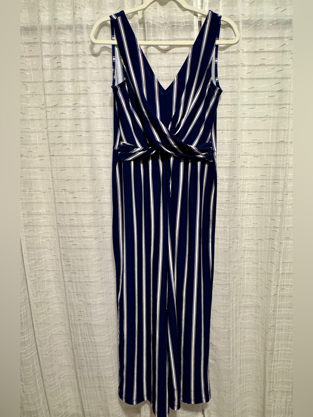 Candie's Navy and White Vertical Stripe V-Neck Jumpsuit medium